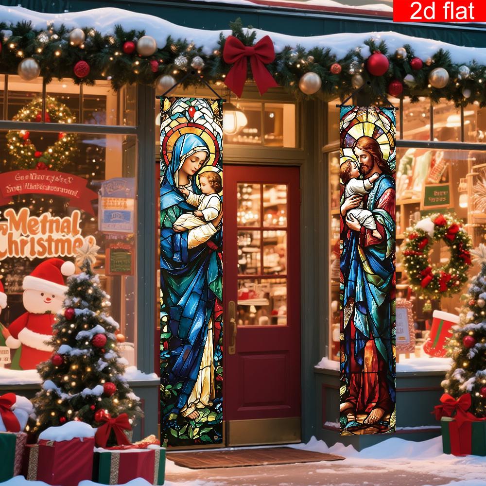 1 Pair 2D Door Banner Jesus Religious Theme Party Decoration Festive Supplies Polyester Couplet Cloth Holiday Photography Props