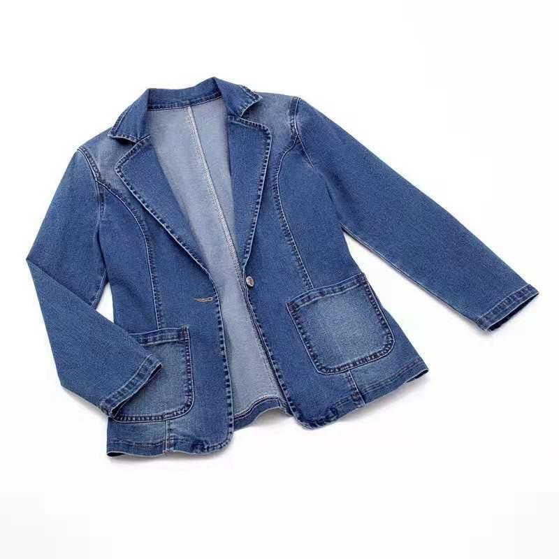 Women's Slim Fit Denim Jacket, Suit Collar, Solid Color, One-Button Cardigan - Spring & Autumn Trendy