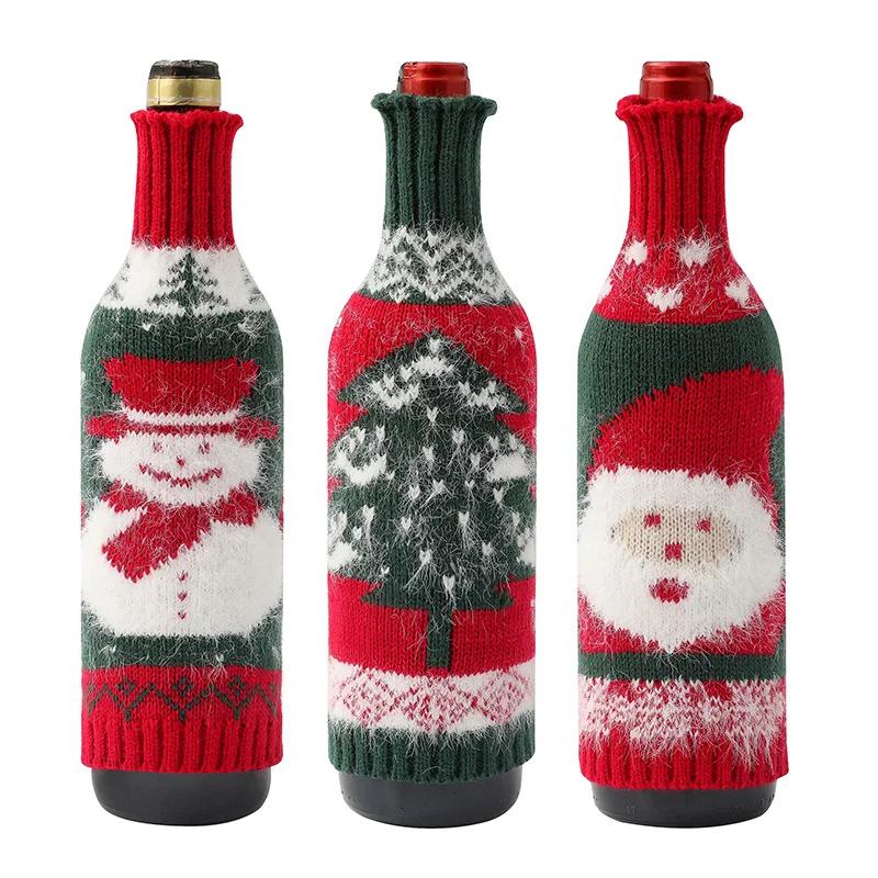 Cute Knitted Wine Bottle Cover Christmas Table Decoration Cartoon Santa Claus Snowman Pattern Red Wine Bottle Decor Xmas Gift
