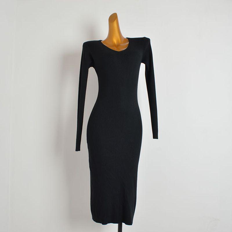 Fall and Winter New Arrival Black V-neck Long Sleeve Knitting Dress Female Silm Slim Looking Stretchy Underwear Mid Length Long Length Bodycon Dress