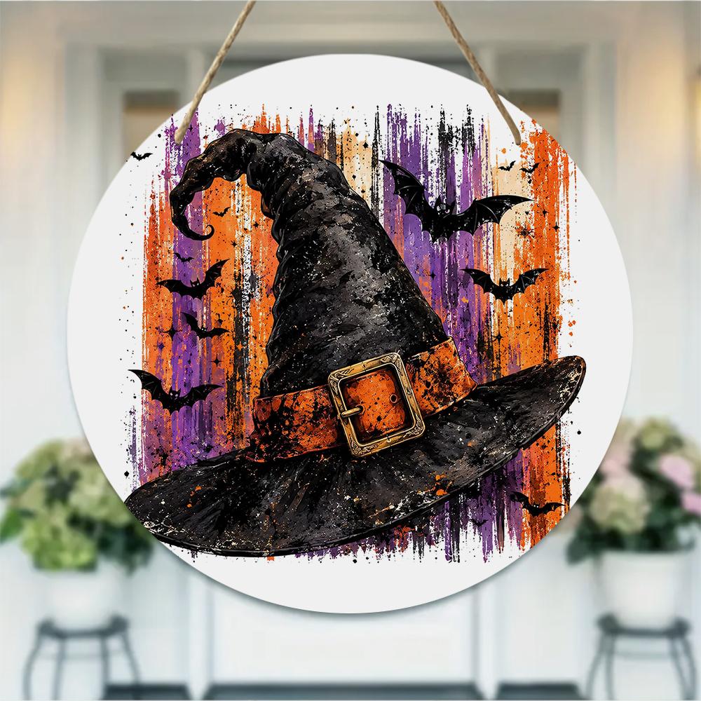 Vintage witch hat bat print Round Wooden Hanging Plaque indoor outdoor wall sign seasonal party decor front door ornament halloween gifts