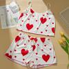 2 Pcs/Set Women Summer Pajamas Suit Adjustable Strap Sleeveless Heart Print Crop Top Shirring Bedroom Sleepwear Set