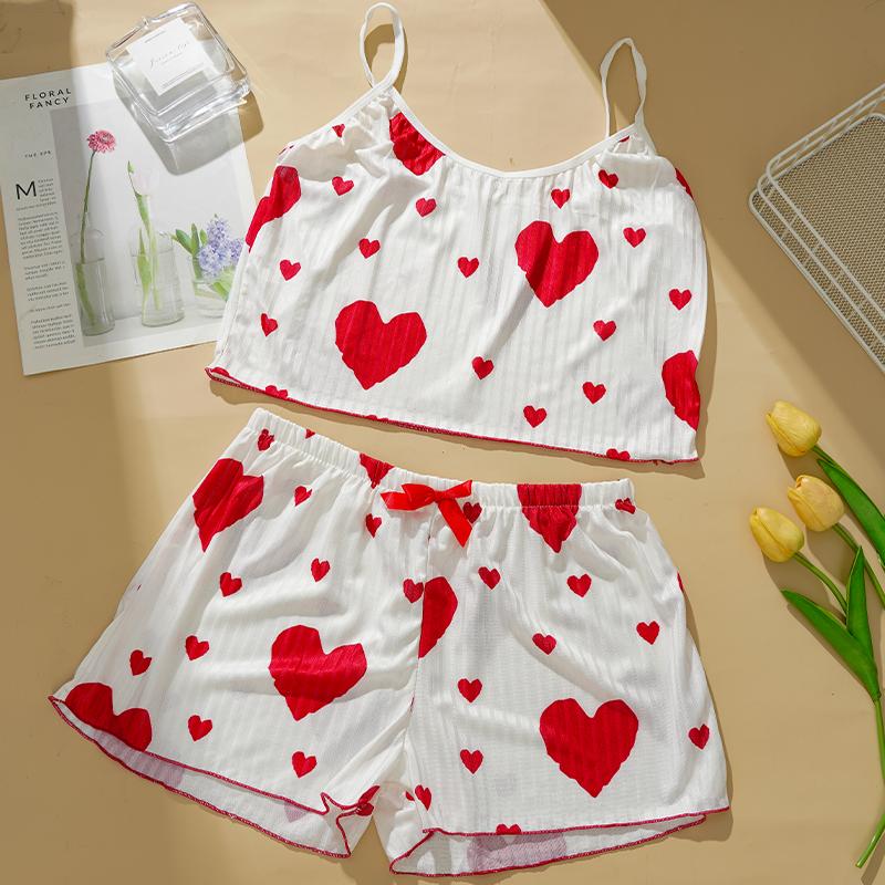 2 Pcs/Set Women Summer Pajamas Suit Adjustable Strap Sleeveless Heart Print Crop Top Shirring Bedroom Sleepwear Set