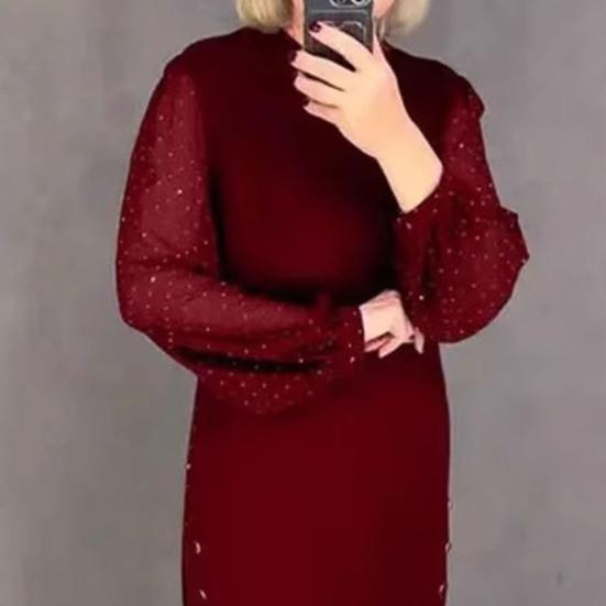 Women Midi Dress Long Mesh Balloon Sleeve with Dot Printing Ruffle Hem