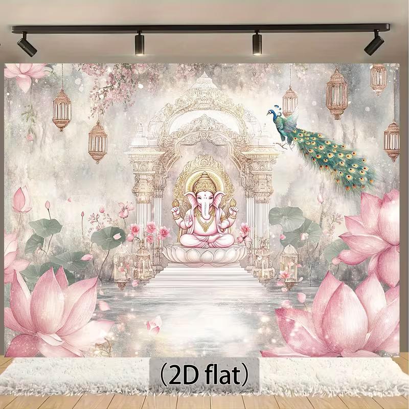 2D Indian Ganesha Backdrop, Traditional Puja Scene Background for Religious Ceremony