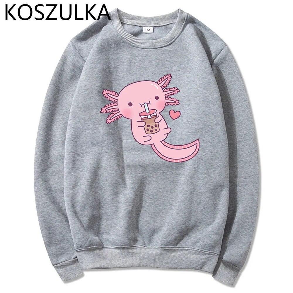 Забавные женские милые толстовки с капюшоном «Аксолотль любит пузырьковый чай» Толстовка с принтом Свободная толстовка с капюшоном большого размера с мультяшным принтом Уличная одежда Розовая одежда
