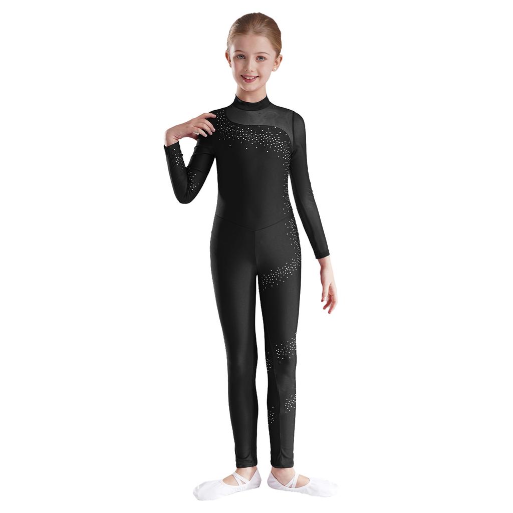 Комбинезон для танцев для девочек, блестящие стразы, прозрачная сетка пэчворк, спинка с вырезом-капелькой, длинный рукав, гимнастический костюм