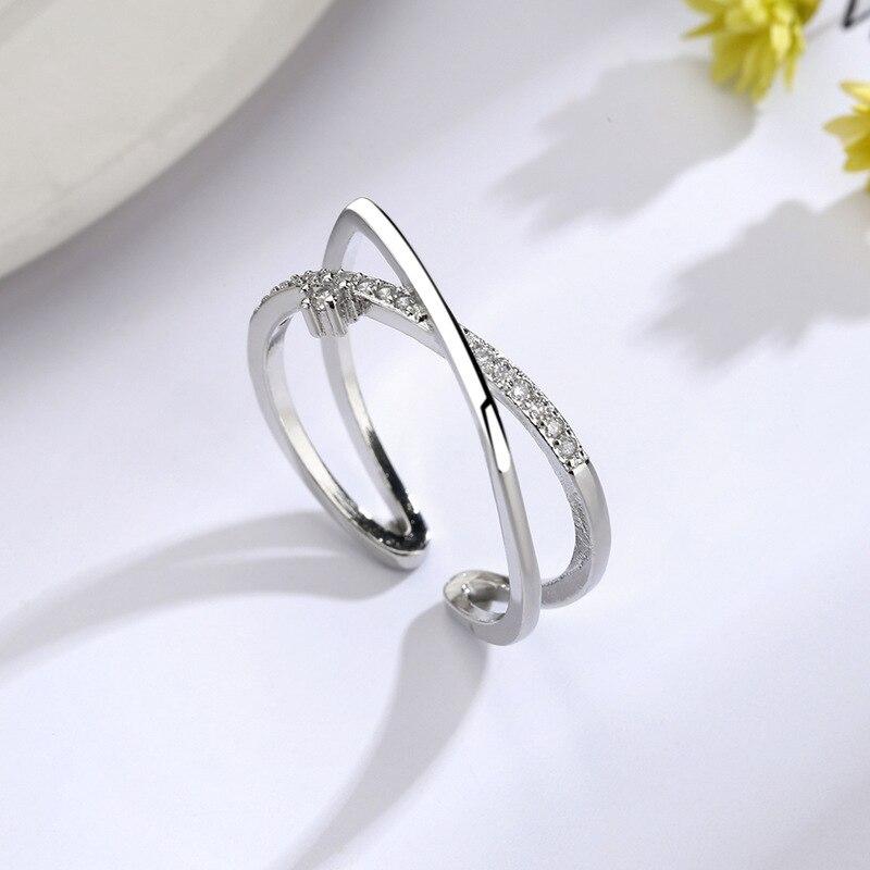 Korean Zircon Ring Personality Cross Open Adjustable Finger Rings for Women Silver Jewelry Accessories Party Gift