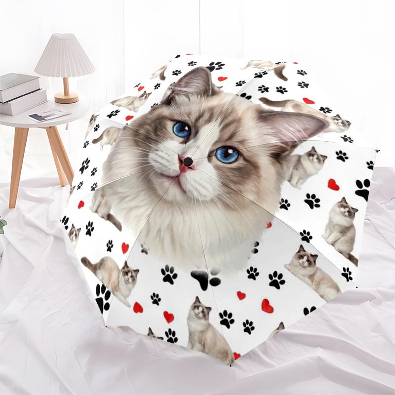 1 шт. Автоматический складной зонт - Узор с милыми кошками и кроликами, Портативный и складной дизайн с 8 спицами, Рождественские и новогодние подарки