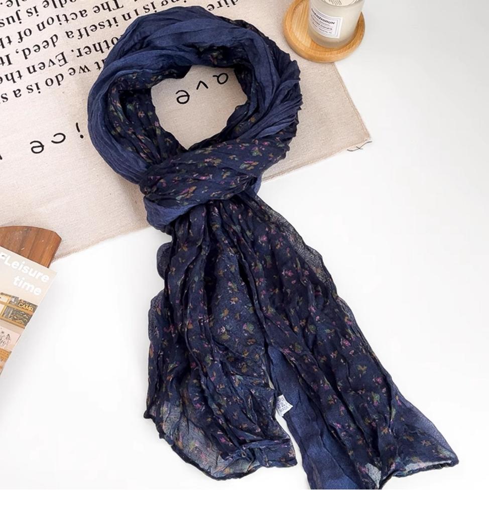 Artistic Vibe - Cotton And Linen Floral Pleated Scarf, Perfect For Travel Photos, Lightweight Shawl, Neck Warmer, And Stylish Neck Protector.