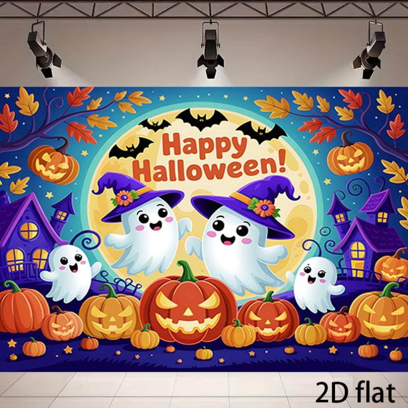 2D planar background - 2D background banner cute Halloween ghosts and pumpkins in a terrifying scene
