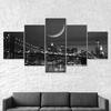 Brooklyn Bridge Starry Sky Moon Black White Picture 5 Piece Five Panel Wall Canvas Print Modern Art Poster Home Decor Gift For Him For Her