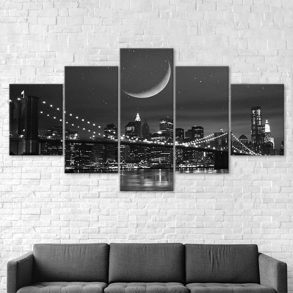 Brooklyn Bridge Starry Sky Moon Black White Picture 5 Piece Five Panel Wall Canvas Print Modern Art Poster Home Decor Gift For Him For Her
