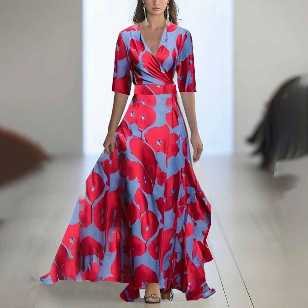 Ladies' Casual And Fashionable Color Printed Patchwork V-neck Long Dress