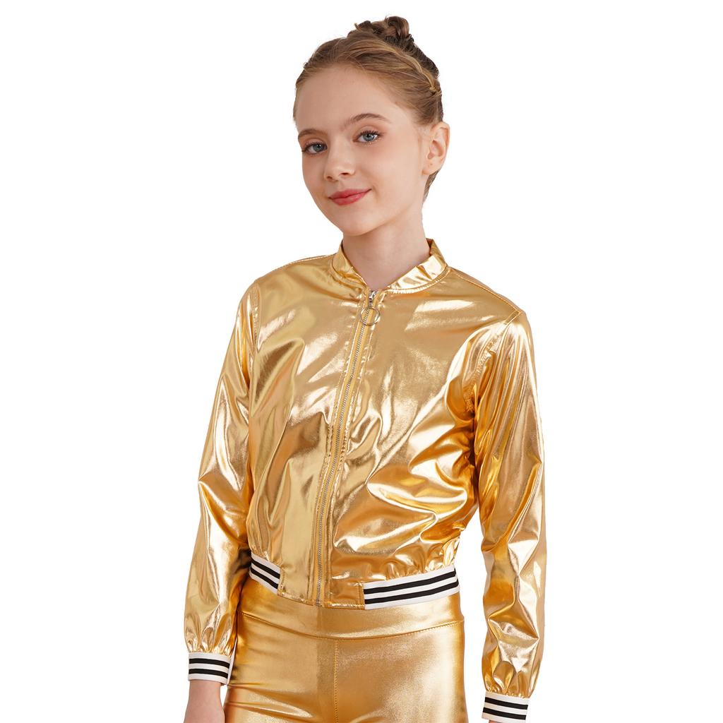 Детская блестящая бейсбольная куртка с длинными рукавами для девочек, блестящая куртка-бомбер на металлической молнии, пальто, верхняя одежда