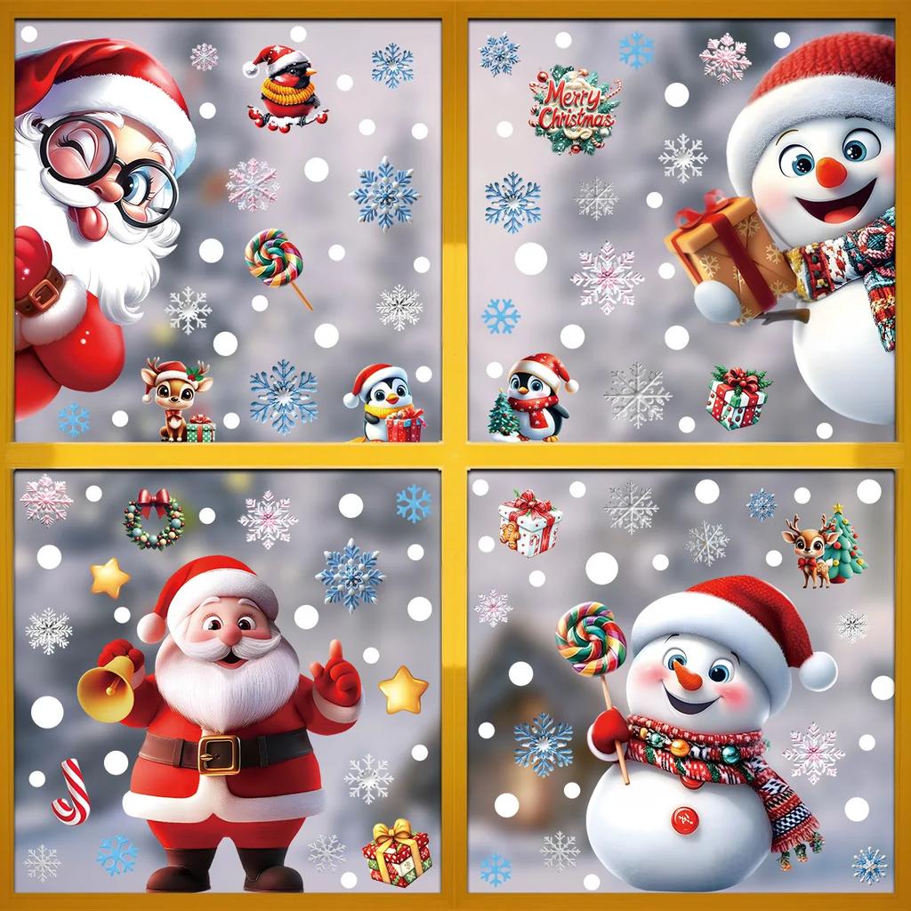3D Christmas Window Stickers Electrostatic Cling with Santa Claus Snowman Snowflakes for Home Office Party Decor Reusable