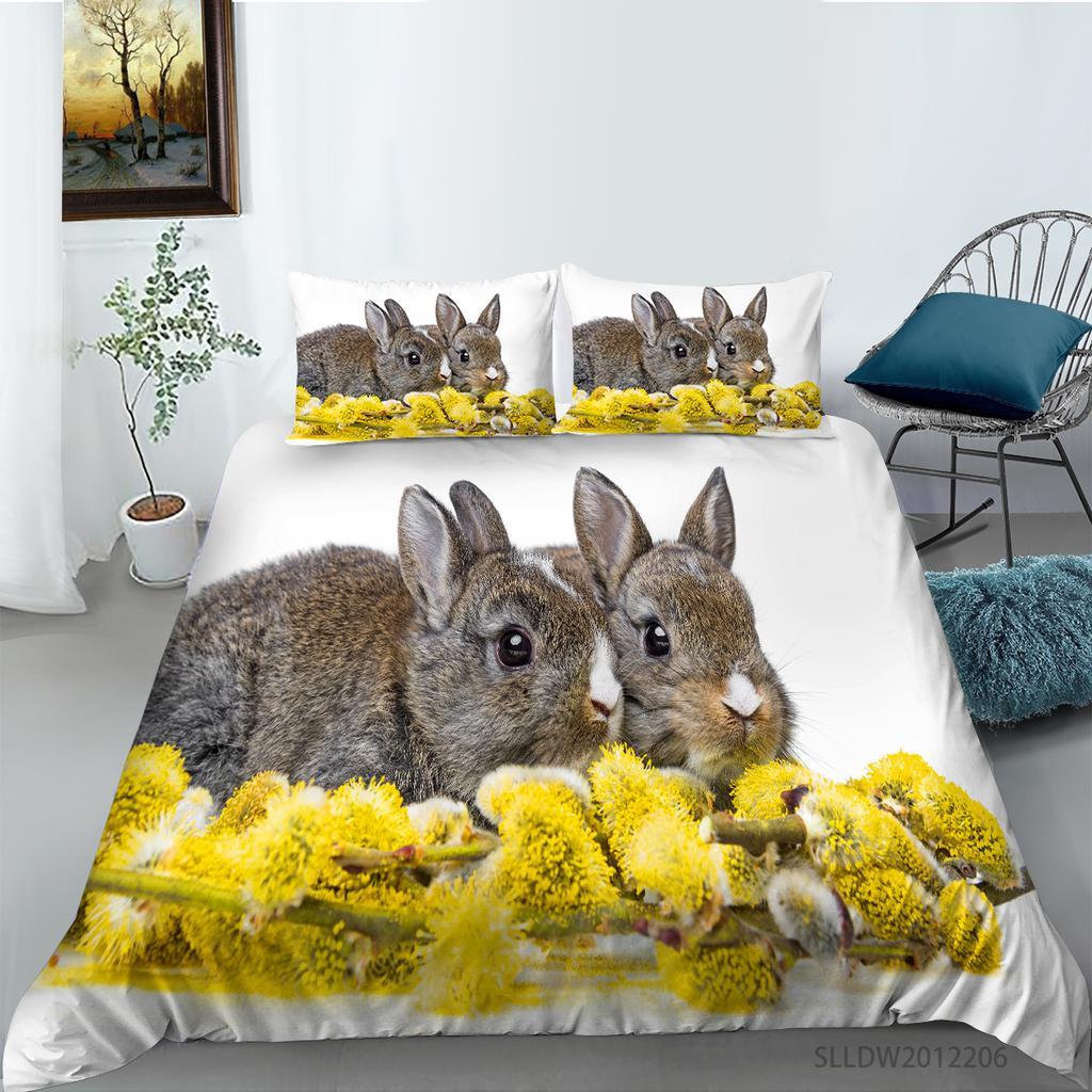 3D Printed Rabbit Bedding Set Cute Animal Down Duvet Cover Pillowcase 2/3 Pieces AU/EU/DE Full Size Soft Home Textile Easter Quilt Cover