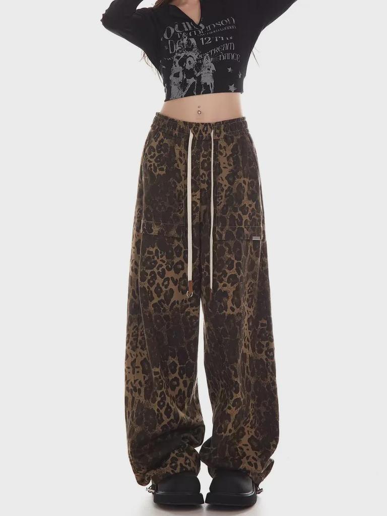 Женский комбинезон в стиле ретро с леопардовым принтом 2024 года в стиле хип-хоп — модные свободные повседневные брюки для уличных танцев