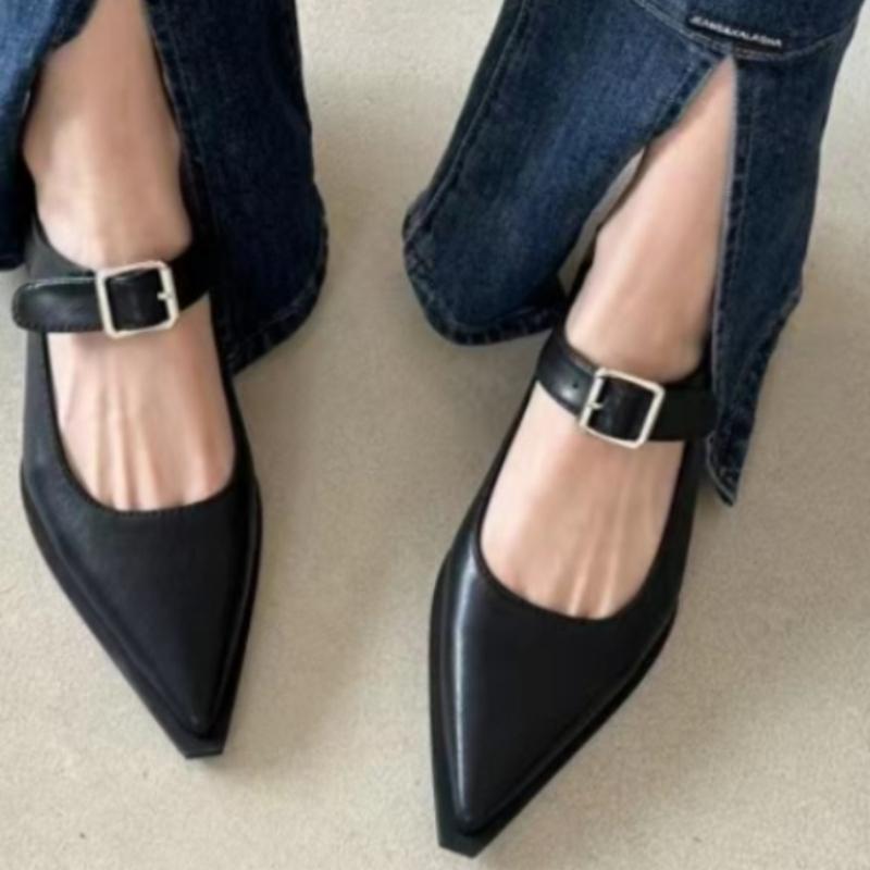 Весна Лето Женские туфли Мэри Джейн с острым носком Женские элегантные туфли на низком каблуке Женские повседневные туфли-лодочки с ремешком и пряжкой