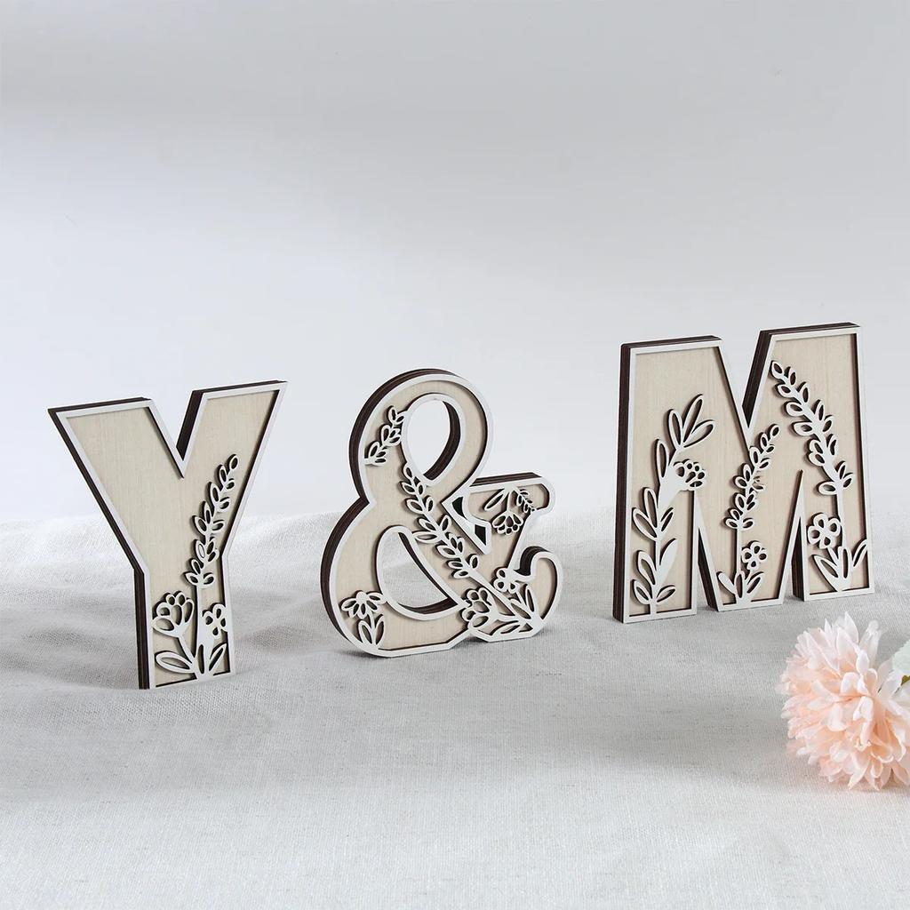 Wooden Alphabet Letters Wall Decor Set Engraved Floral Pattern Home Craft Ornaments Elegant Display for Living Room