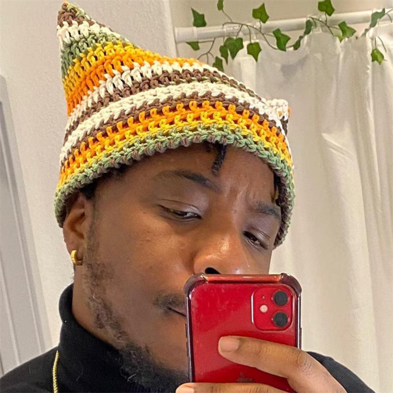 New Handmade Crocheted Color-blocked Bear Ear and Rabbit Ear Hood, Fashionable and Versatile Adult Hat