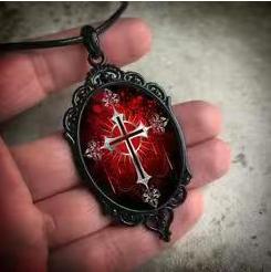 Oval Glass Pendant Necklace with Intricate Cross Design and Ornate Black Metal Base Suitable for Everyday Wear and Special Occasions