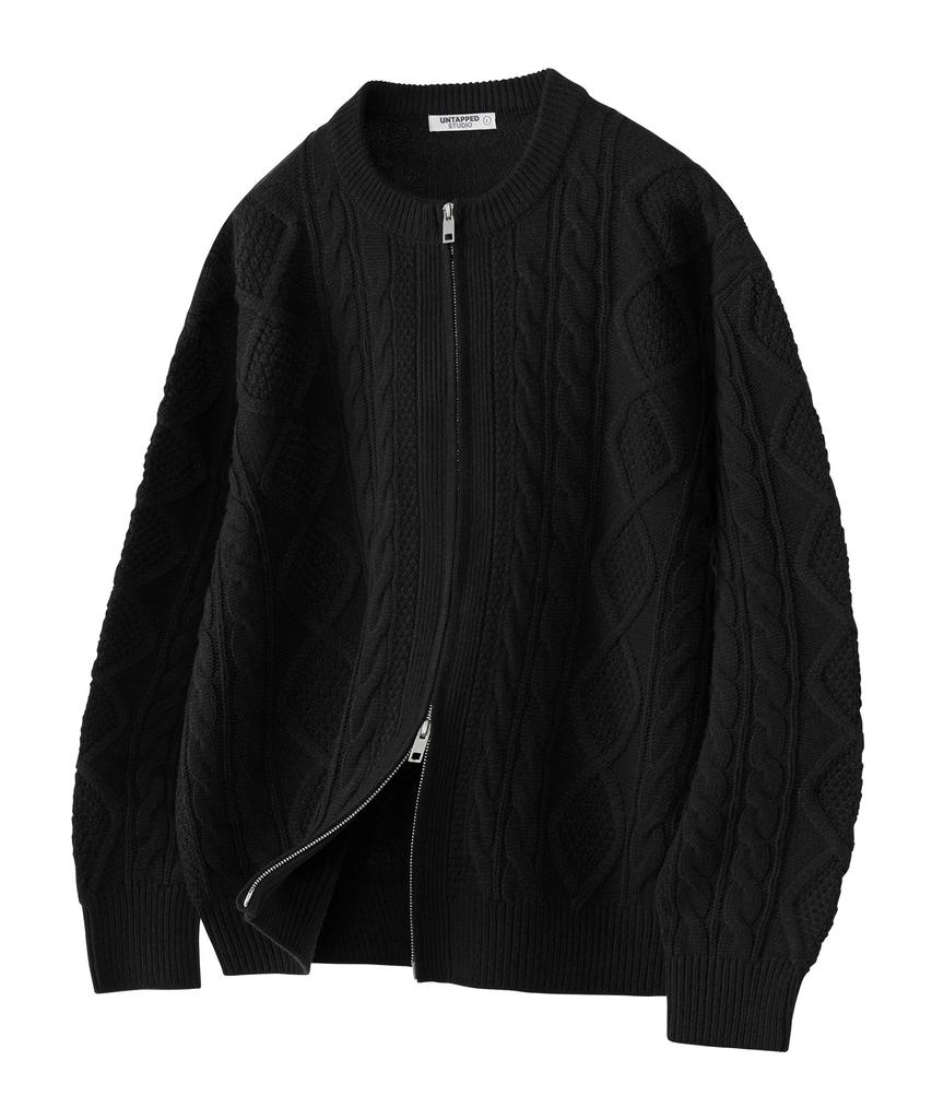 UNTAPPED STUDIO Oversized 2-Way Aran Cable Round Zip-Up Knit Cardigan 5 Colors