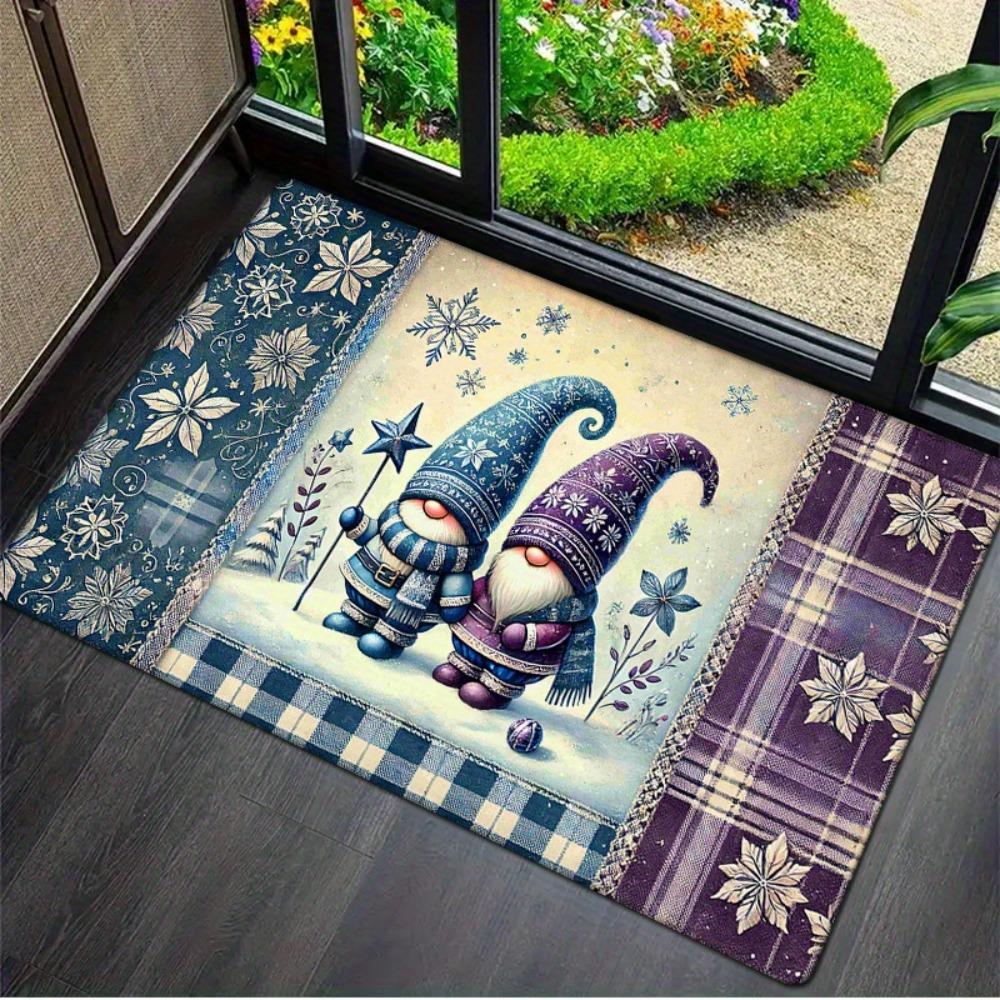 1pc Winter Christmas Blue Gnome Print Non-Slip Suitable for Entryway, Kitchen, Living Room, Machine Washable Floor Mat with Gnome, Thick Soft for Bedr