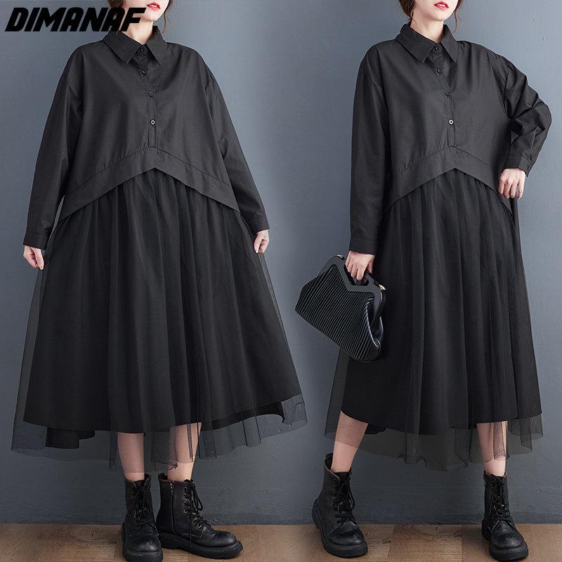 Dimanaf New Autumn Style Women Shirt Dress Black Patchwork Mesh Fashion Loose Dress 2022 Long Cardigan