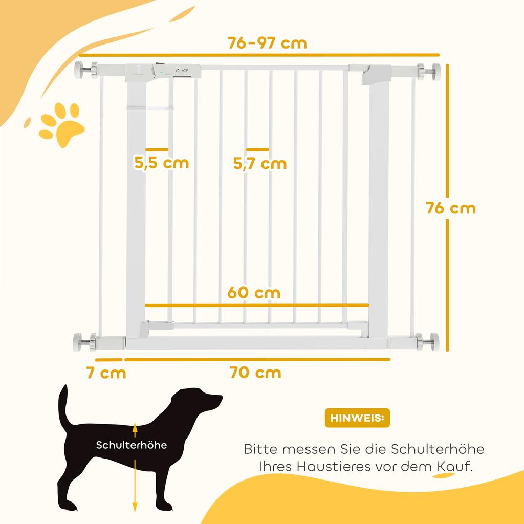Door Gate, Tool-Free Installation, Adjustable Width 76-97 cm, One-Handed Opening, Metal, White, 76 cm High