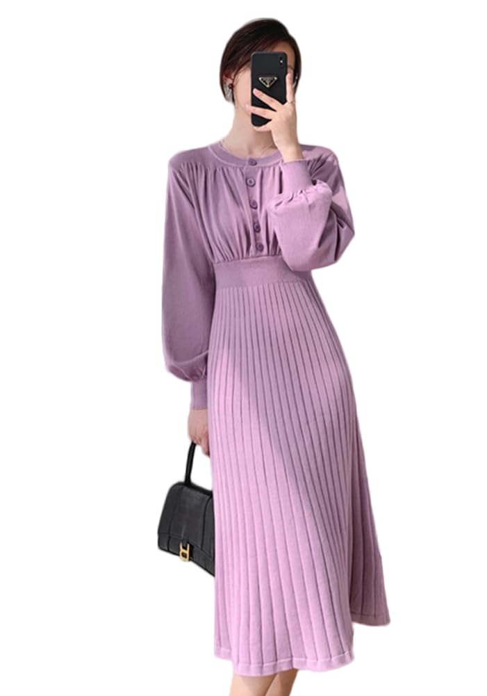 Vilaria Вязаное Длинное Круглый Вырез Однотонное Повседневное Женское Платье, Рукав, Вырез, Стройнящее, Осень/Зима, Цвет, Стильное,