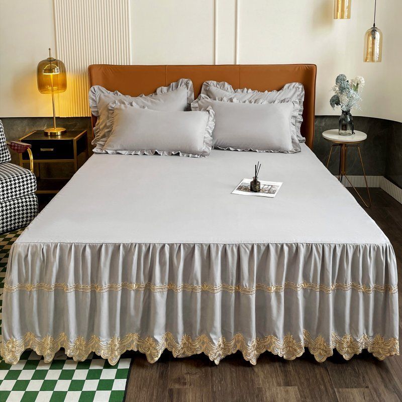 Luxurious Embroidery Bed Skirt Bed Sheet Smooth Comfortable Breathable Sleeping Bedspreads Plain Bed Cover for Bedroom