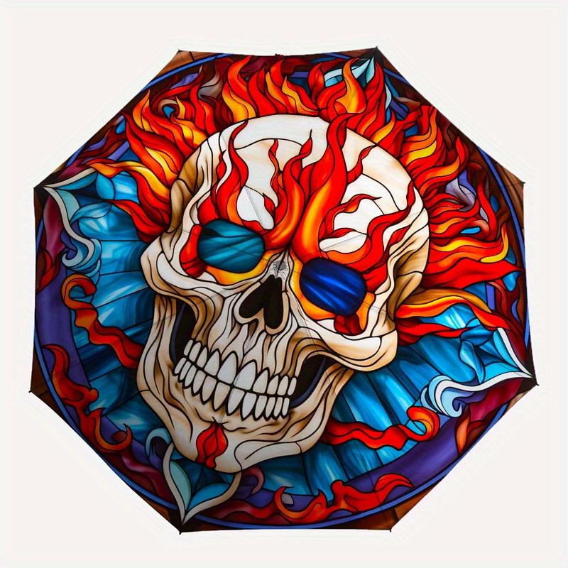 Flaming Skull Stained Wall ArtUmbrella, Portable 3-Fold Compact Umbrella,Christmas Gift ES655