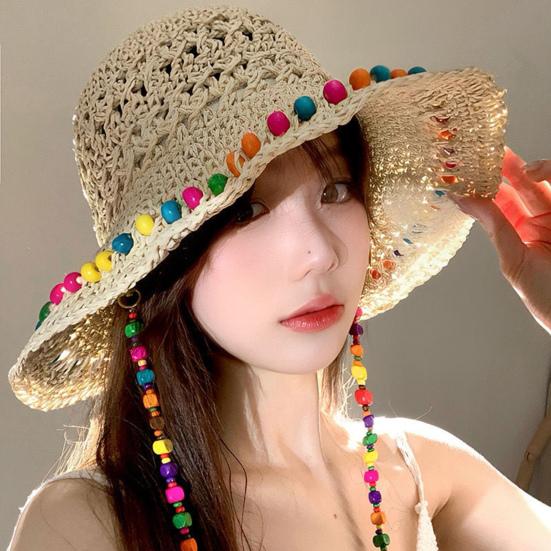 Women Straw Hat Wide Brim Breathable Straw Weaving Hat with Colorful Beads Decor Flexible Edges Sun Hat