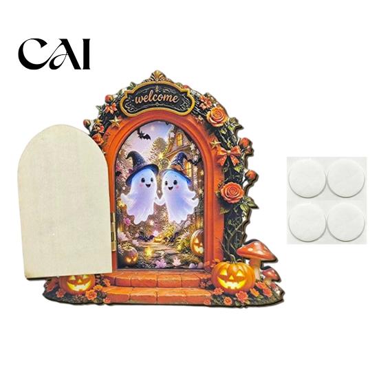 Holiday Gift for Children Halloween Mouse Hole Wall Decoration, Retro Arched Fairy Door with Pumpkin Openable Miniature Ornament & Flower Decor, Home