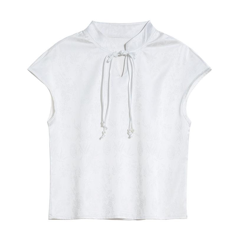 Новый летний наряд, футболка на шнуровке для женщин в китайском стиле, черная, с узким воротником-стойкой, новый китайский стиль