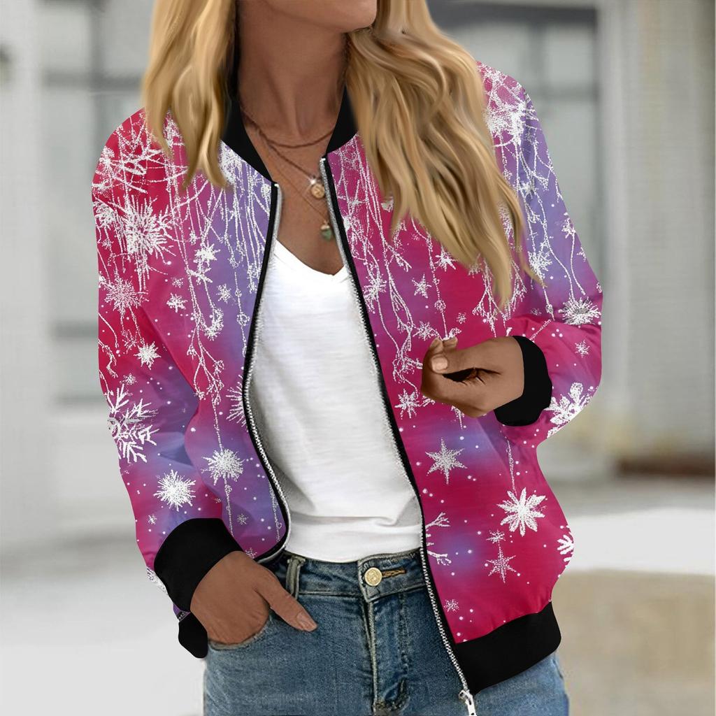 Куртки женские с длинным рукавом, легкие, на молнии, укороченные, модные, с рождественским принтом, верхняя одежда, повседневные, стеганые куртки с карманами