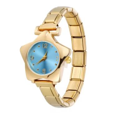 Sweet Star Shape Ladies Wristwatch Silver Gold Color Italian Charm Steel Module Strap Dial Analog Quartz Daily Dress Women Watch