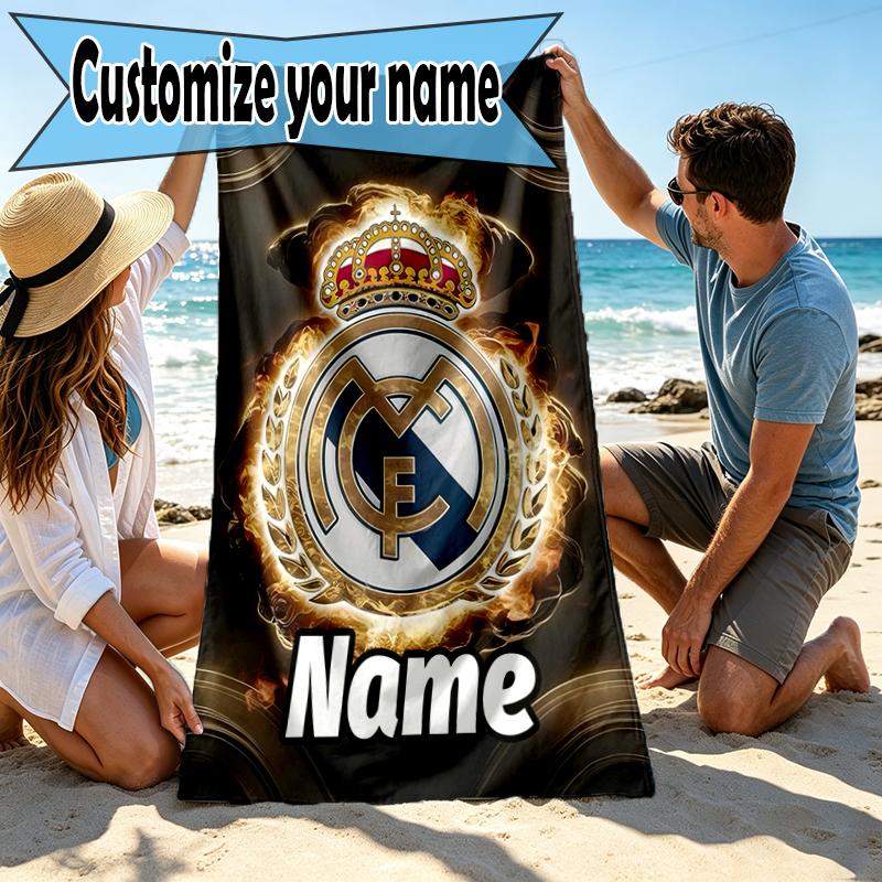 Custom Name Personalized Real Madrid Print Beach Towel, for Trip Camping Beach Party Home Decor, Birthday Gift for Family & Friends