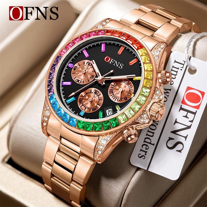 Rainbow Diamond Chronograph Men's Watch Six Pin Quartz Movement Waterproof Calendar Night Light Luxury Men's Watch