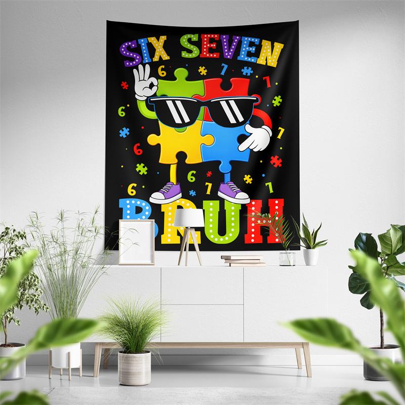 Aertemisi Six Seven Bruh 67 Autism Puzzle Tapestry Wall Hanging Art for Bedroom Living Room Decor Party Backdrop