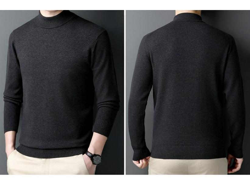 Men's 100% Cashmere Mid-Neck Black Sweater - Thickened Winter Base Layer