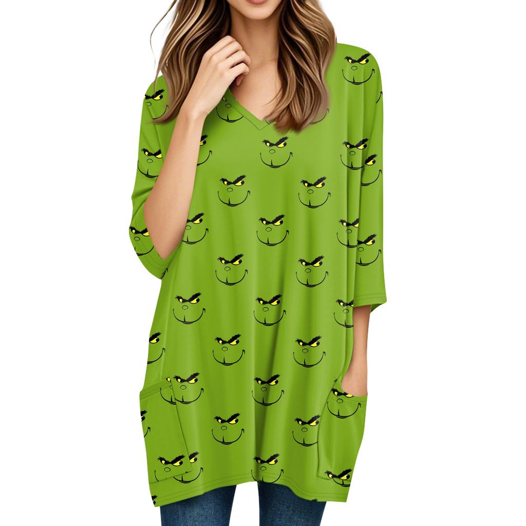 Женские топы с V-образным вырезом и рукавом 3/4, повседневные блузки средней длины, модные туники с рождественским принтом и карманами