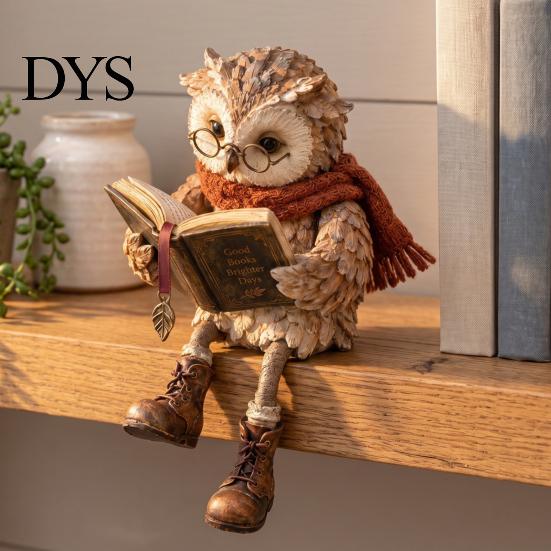 Фигурка совы для книжной полки, Фигурка для чтения, Креативная статуэтка в очках, с шарфом, в ботинках и с открытой книгой, Декоративная фигурка животного, Скульптура для камина