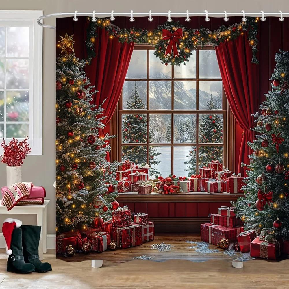 Рождественские подарки занавеска для душа Рождественская елка Зимний лес Кедр Природа Пейзаж Главная Настенная ткань Шторы для ванной Декор