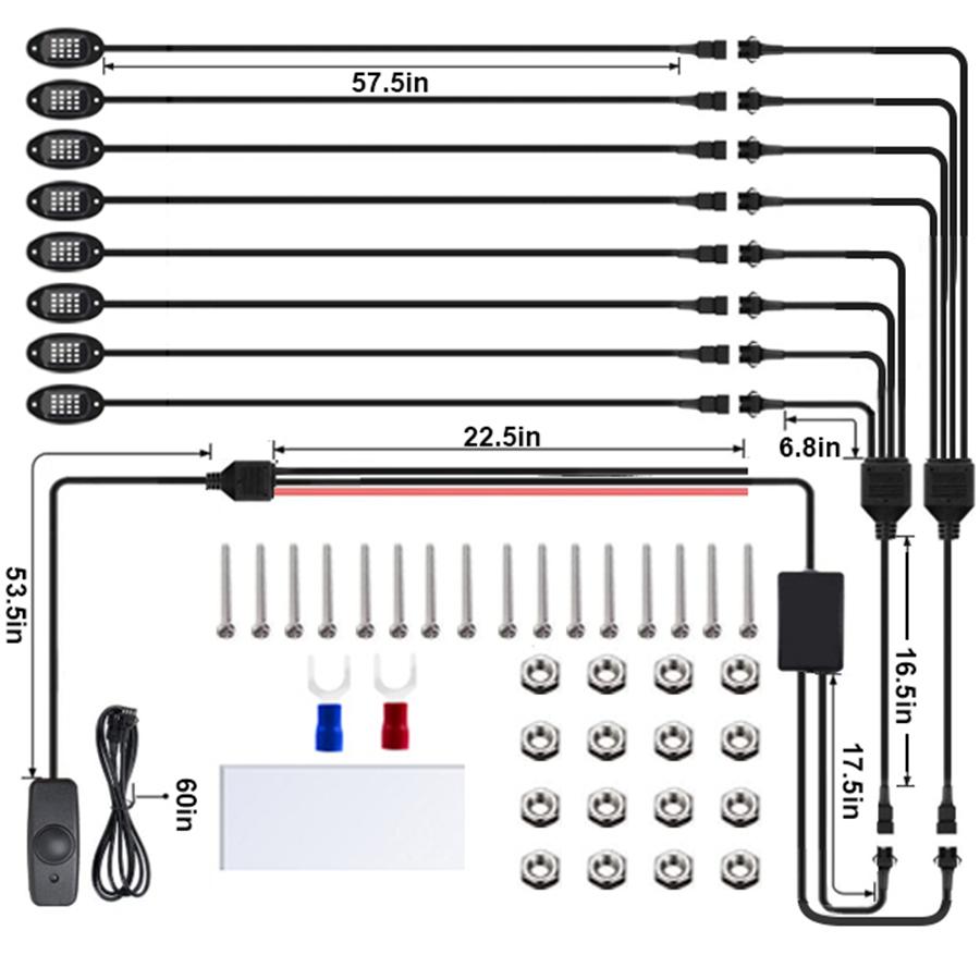 Комплект 8 RGB светодиодных роковых огней для внедорожника, неоновая подсветка днища, управление музыкой через BT-приложение