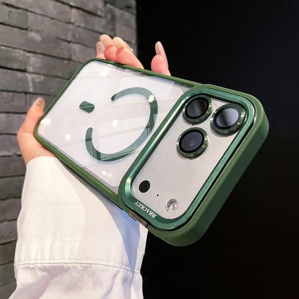 Metal Lens Stand Magnetic Case For 17 Pro Max 16 15 Plus 14 13 12 11 Air Magsafe Lens Glass Film Clear Phone Holder Case