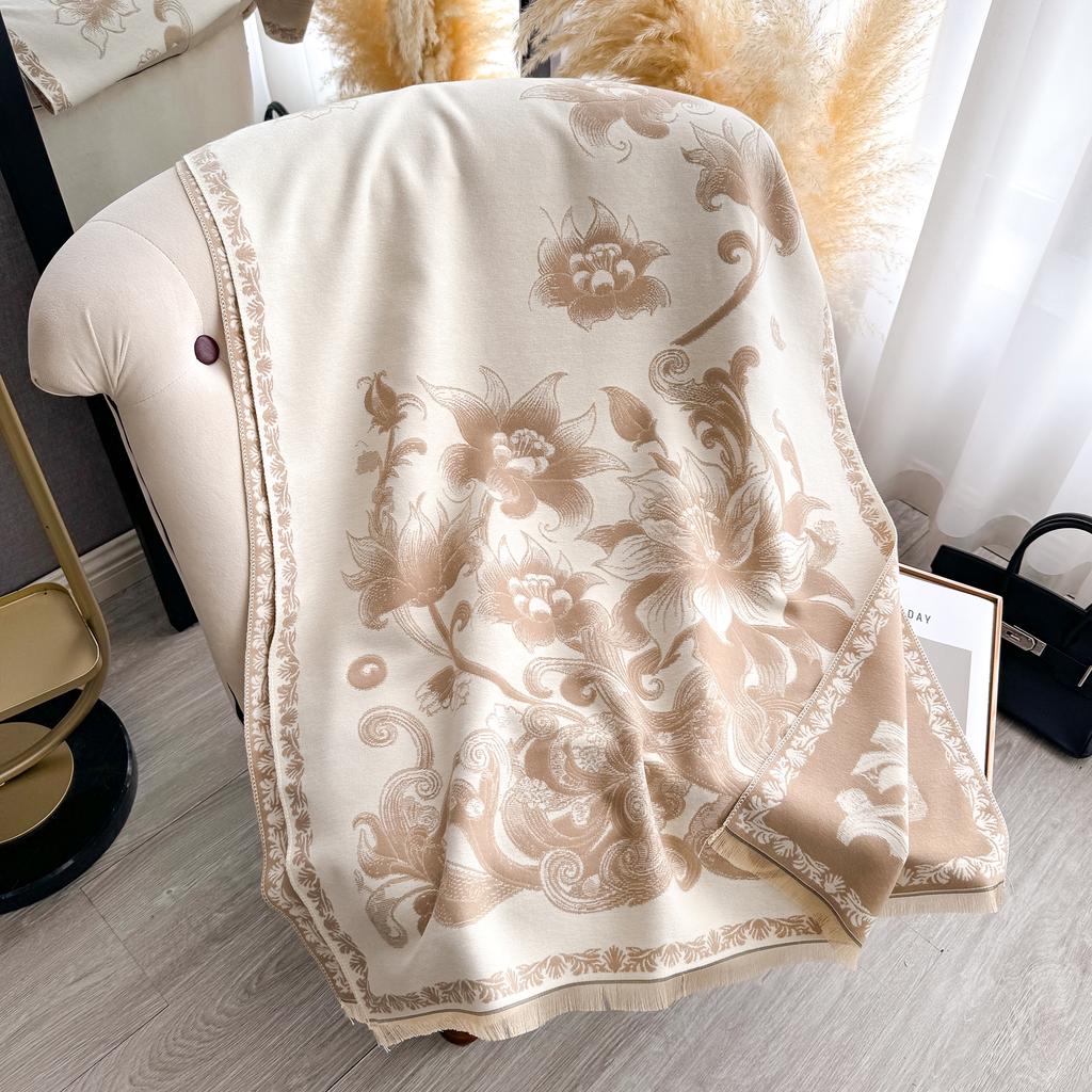 Autumn Winter  Elegant Floral Design Scarf Imitation Cashmere Soft Warm Versatile Shawl Coldproof Windproof Blanket