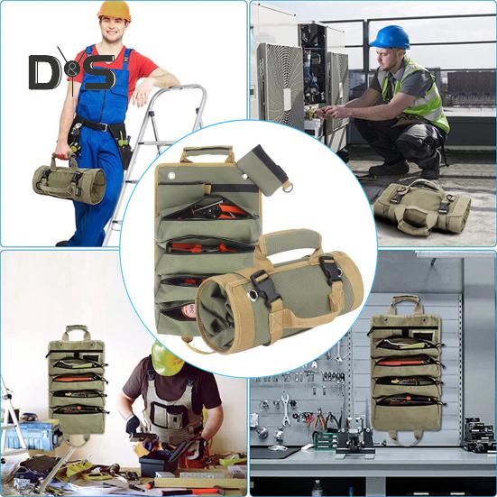 Tool Roll Up Bag with Handle Multi-compartments Large Capacity Zipper Closure Waterproof Heavy-Duty Tool Organizer Bag