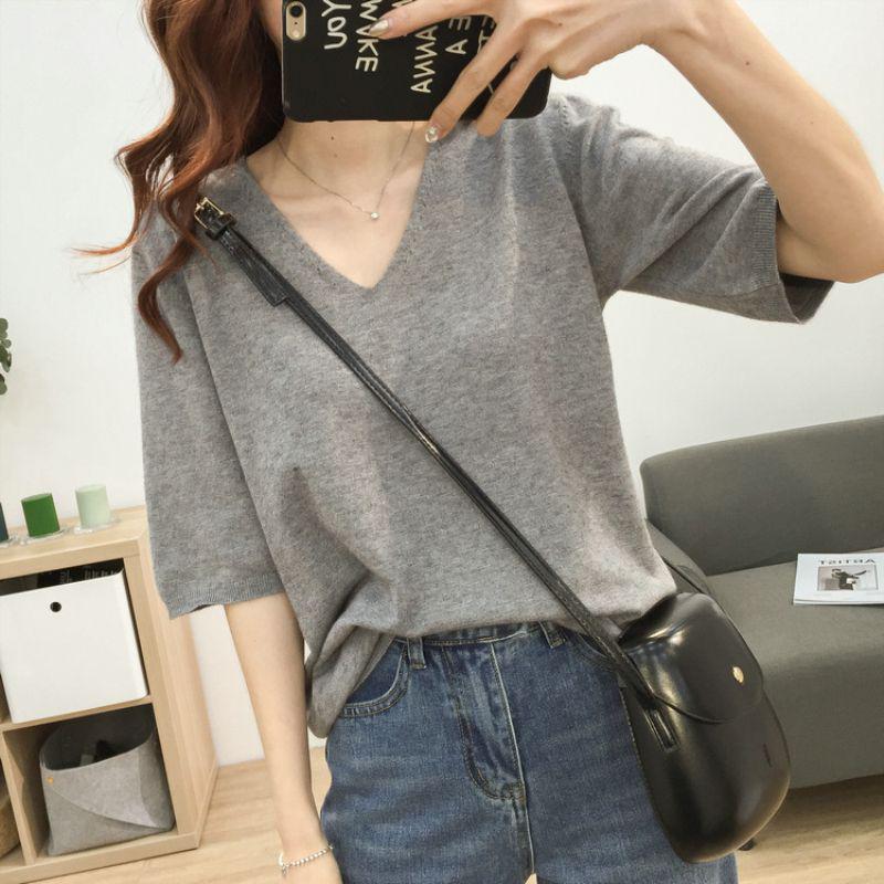 2025 Summer V-Neck Knit Short Sleeve Women's Slimming Top